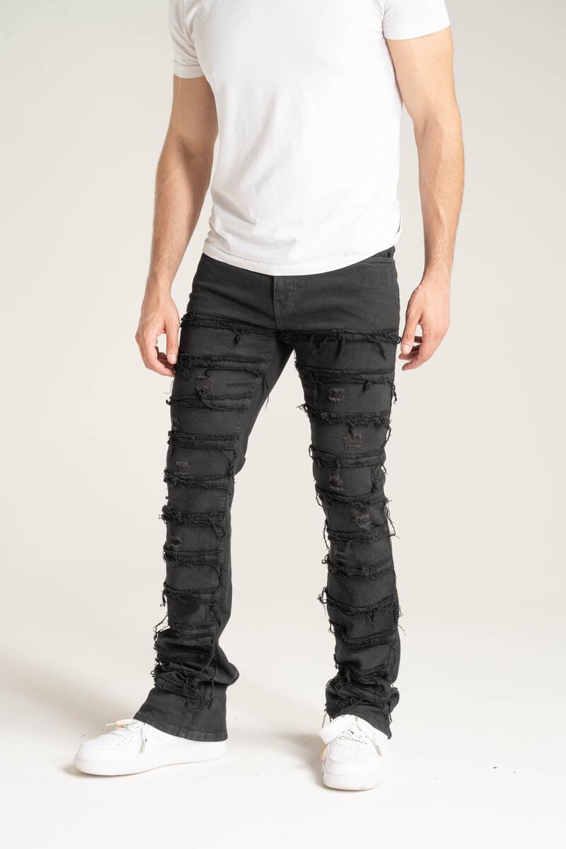 SP Jet Black Frayed Stacked Jeans 3016