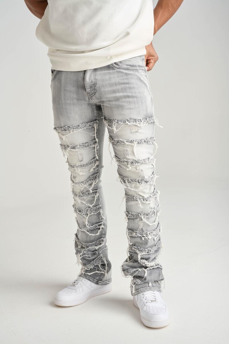 SP Gray Frayed Stacked Jeans 3016