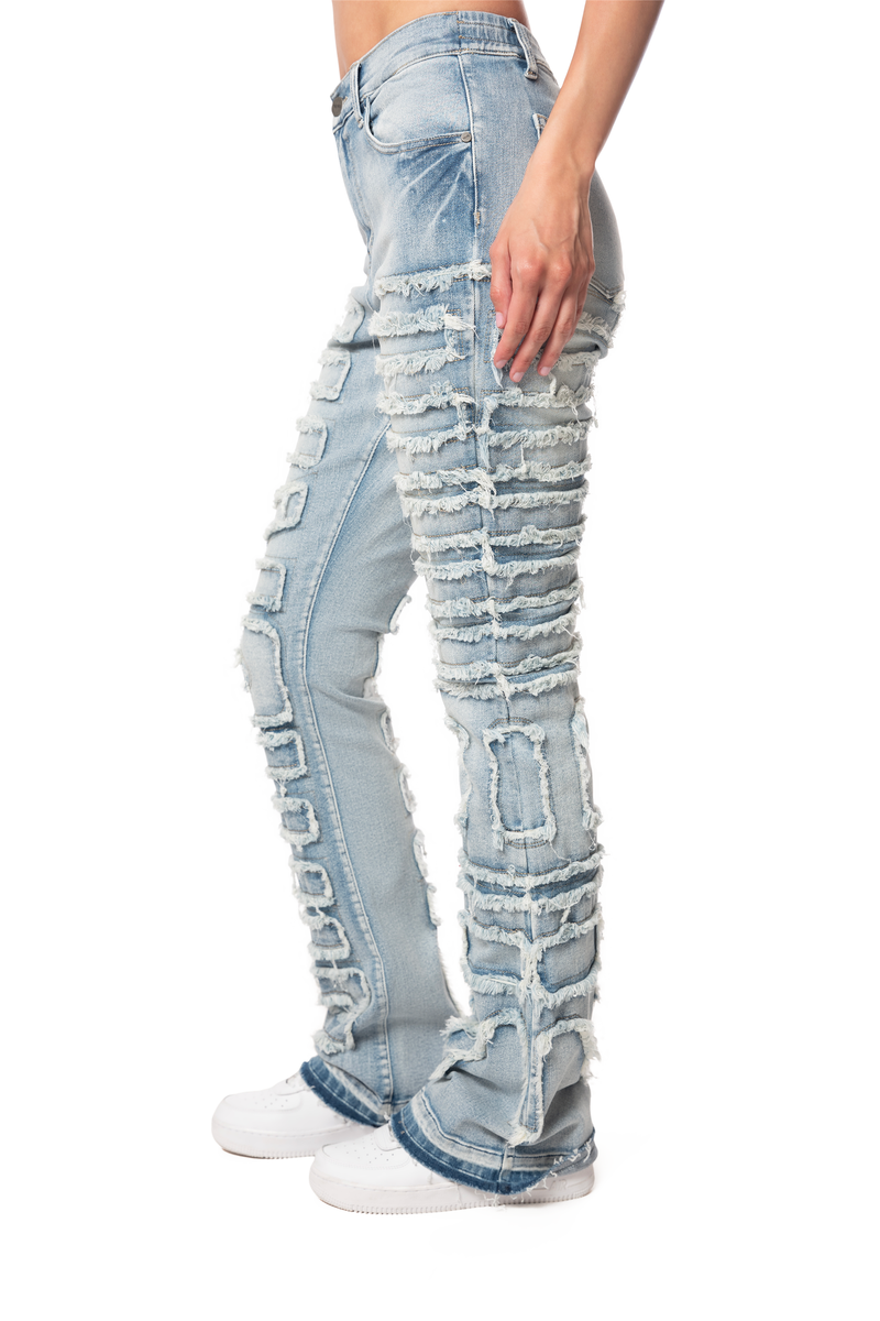 Women High Rise Fray Stacked Jeans