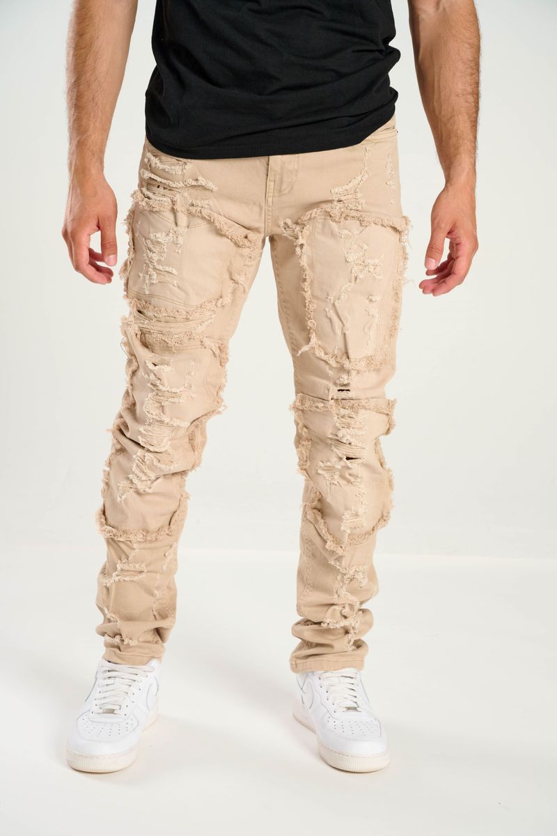 TJ Texture Patched Jeans - Khaki