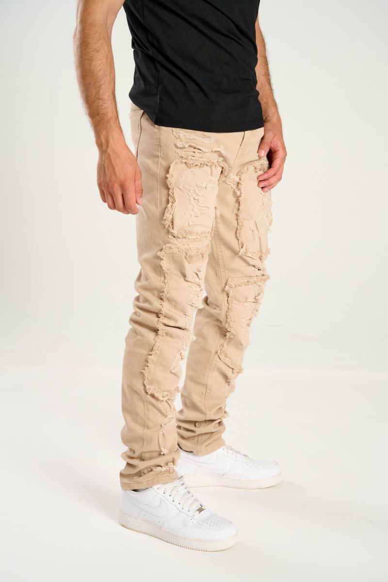TJ Texture Patched Jeans - Khaki
