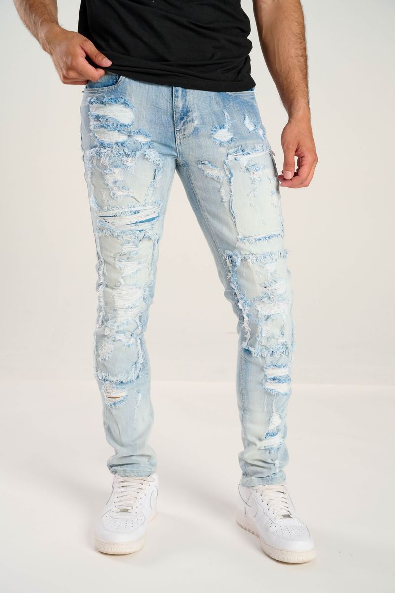 TJ Texture Patched Jeans - Ice Blue