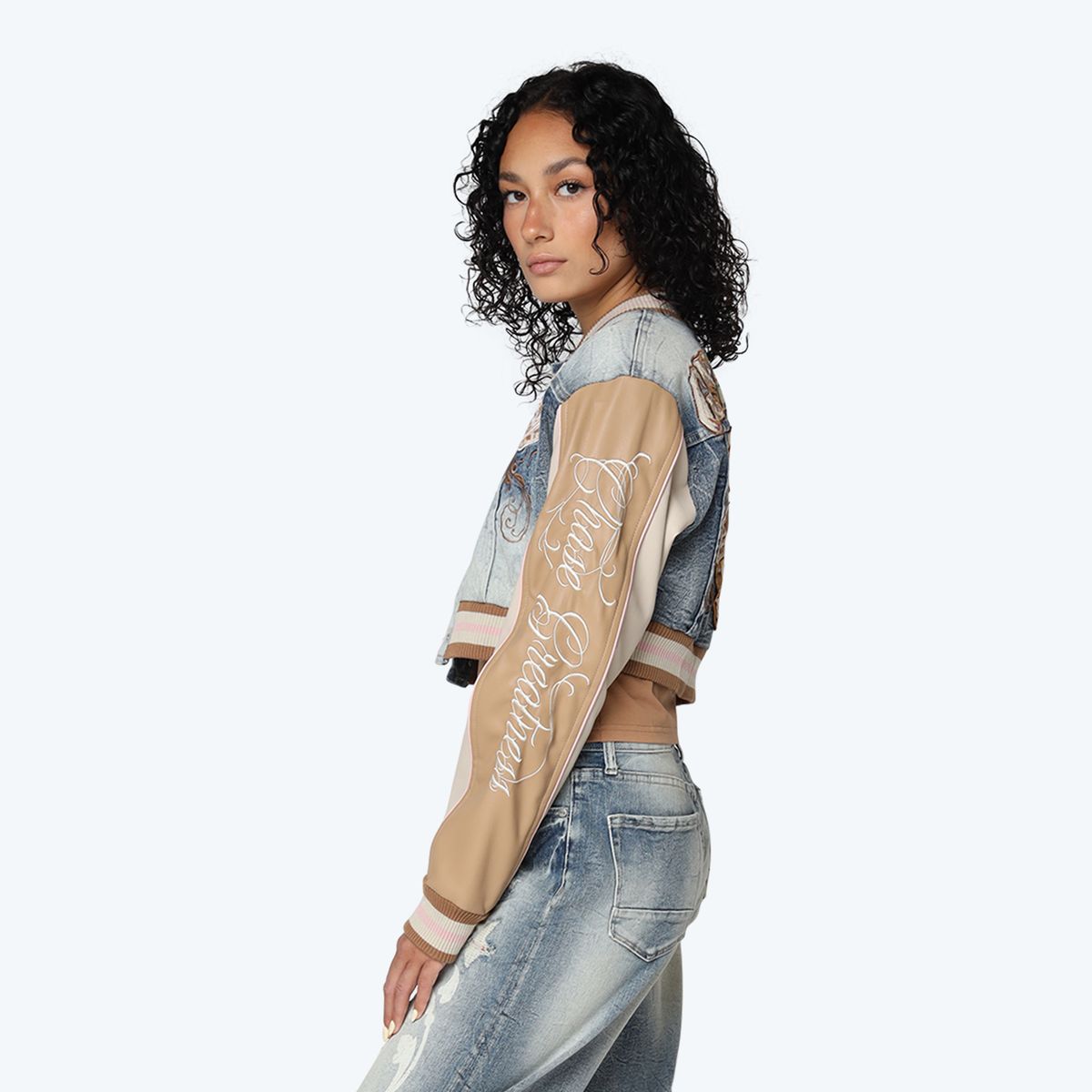 Cropped Denim Varsity Jacket