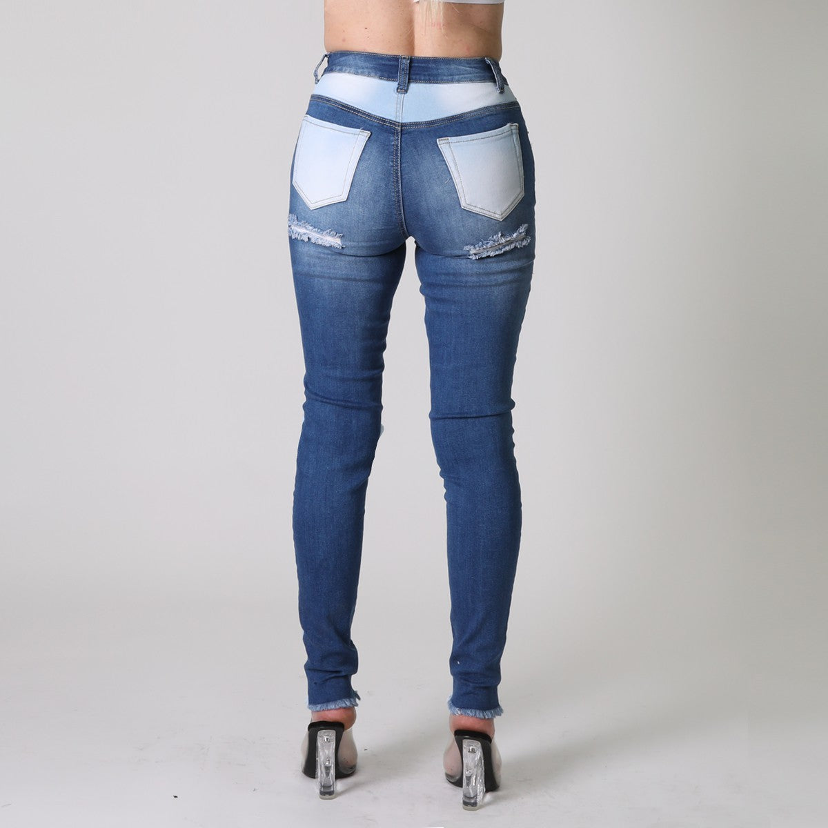 High Waist Color Block Jeans - Blue