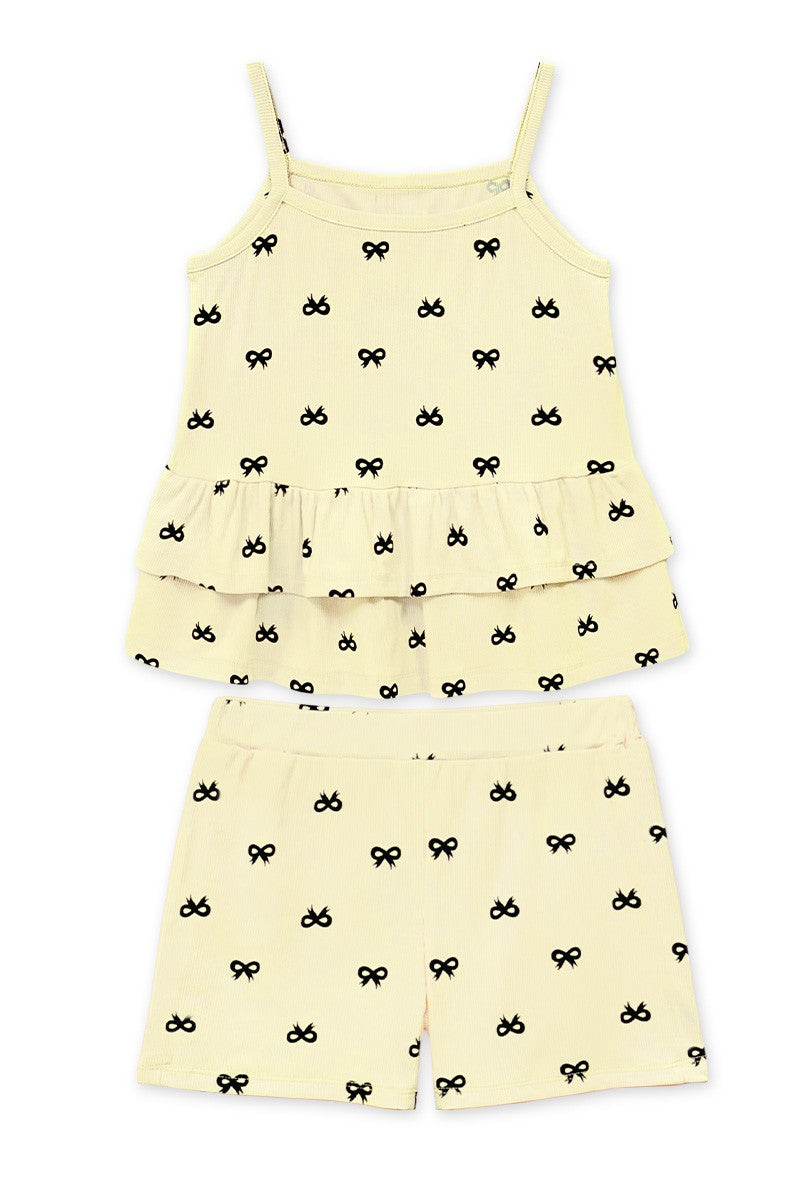 Ruffle & Bow Print Short Set - Cream Yellow