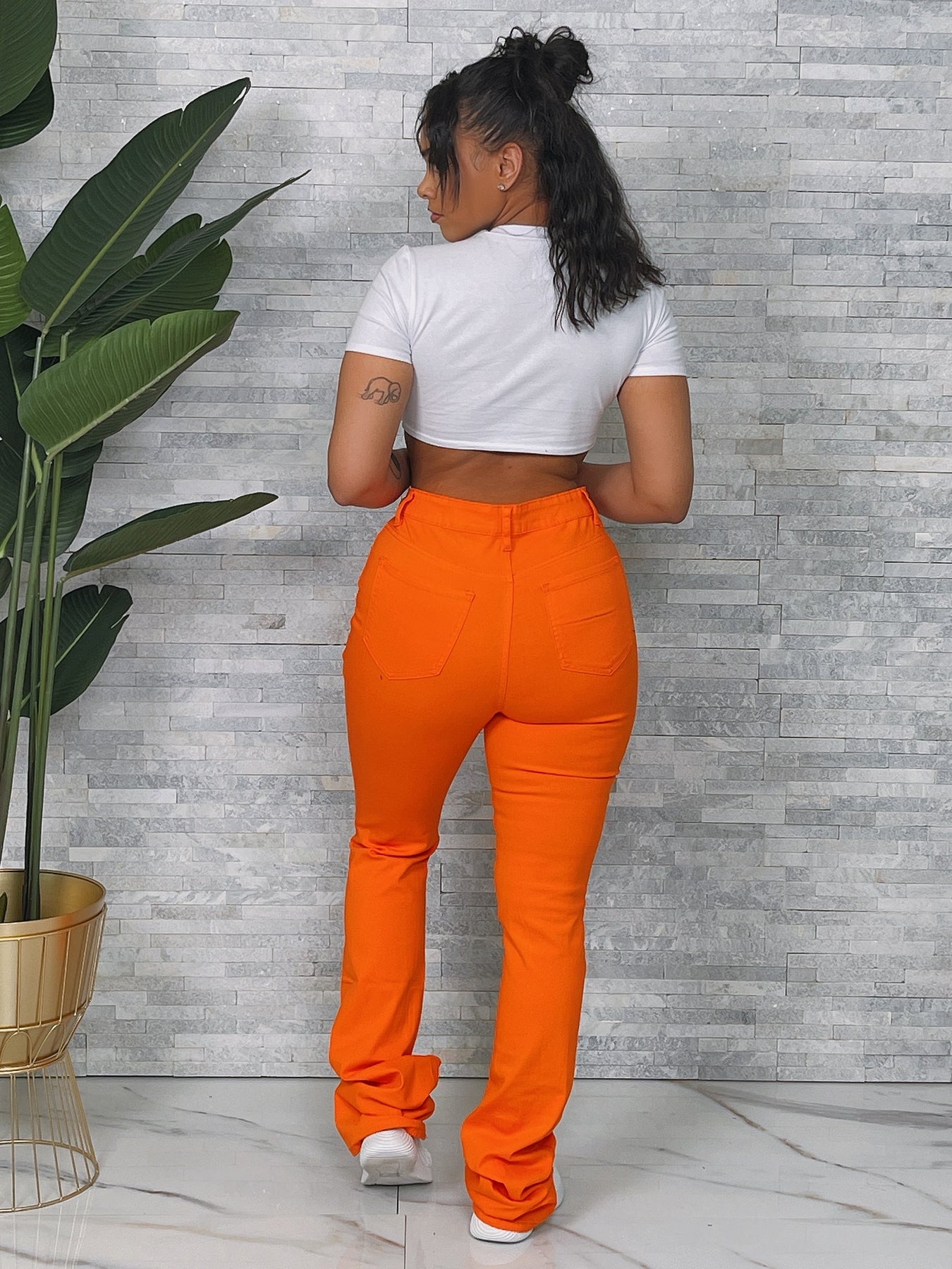 Orange Distressed Stacked Pants