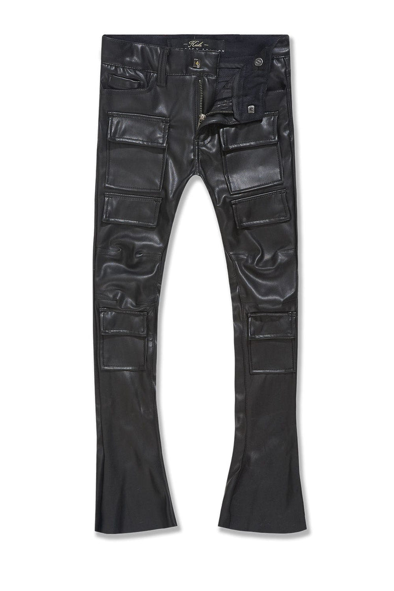 Kid's Black Vegan Leather Stacked Pants