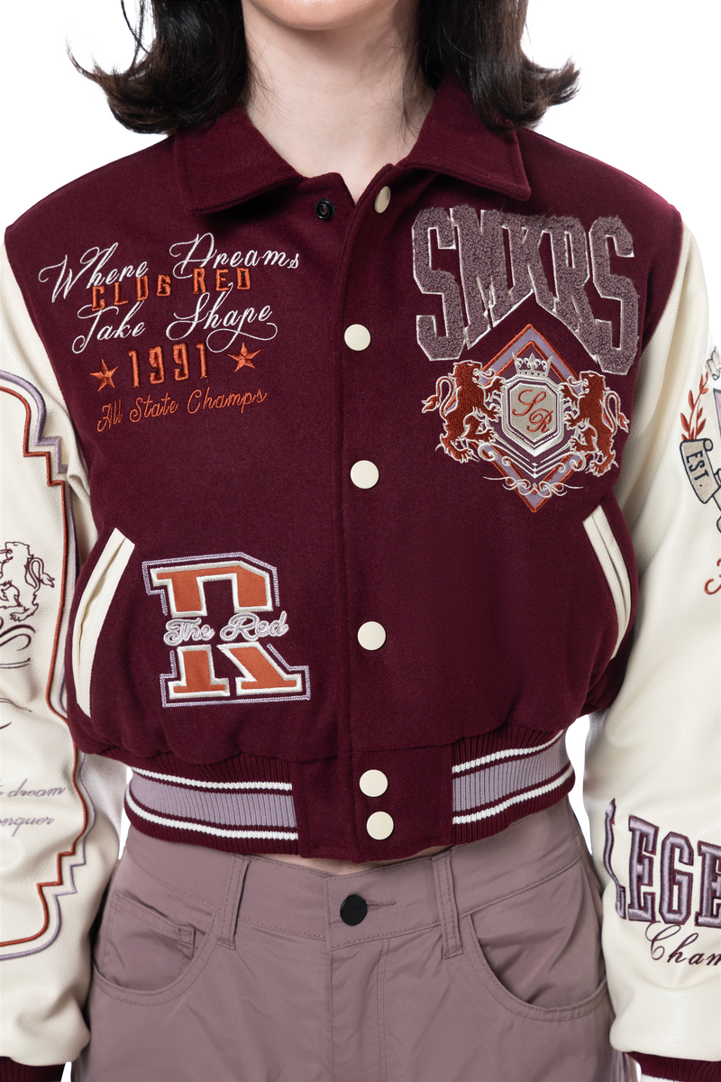 Classic Cropped Varsity Jacket - Wine