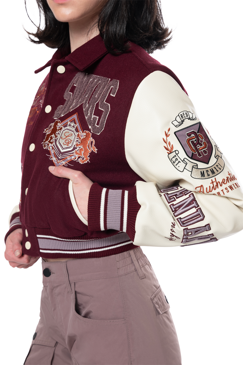 Classic Cropped Varsity Jacket - Wine