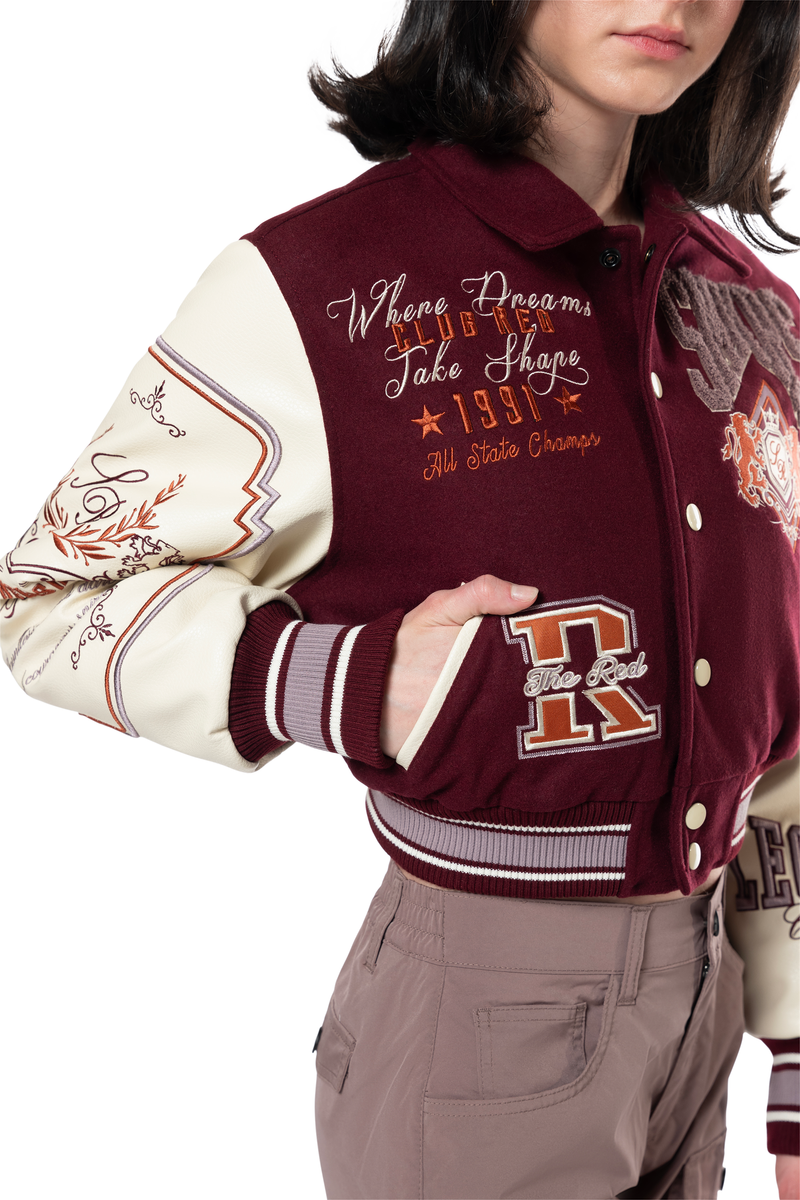 Classic Cropped Varsity Jacket - Wine