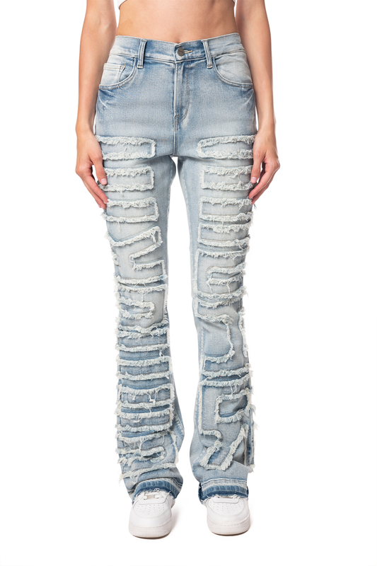 Women High Rise Fray Stacked Jeans