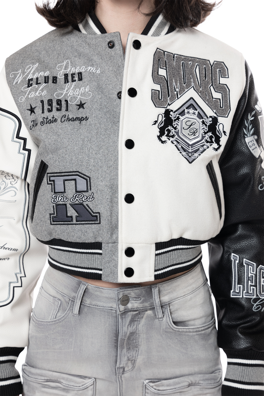 Classic Cropped Varsity Jacket - Light Grey