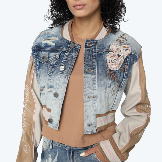 Cropped Denim Varsity Jacket