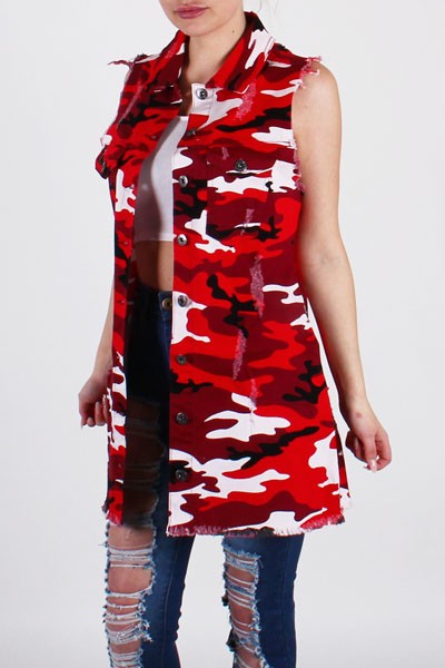 Red Camo Long Vest Denim Jacket