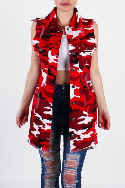 Red Camo Long Vest Denim Jacket