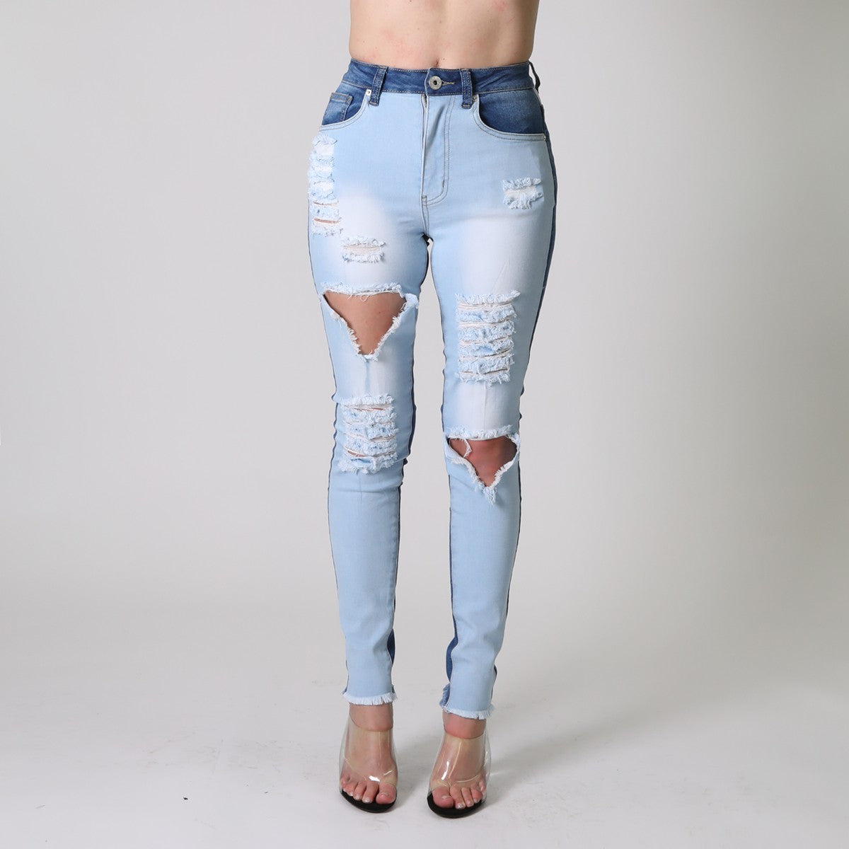 High Waist Color Block Jeans - Blue