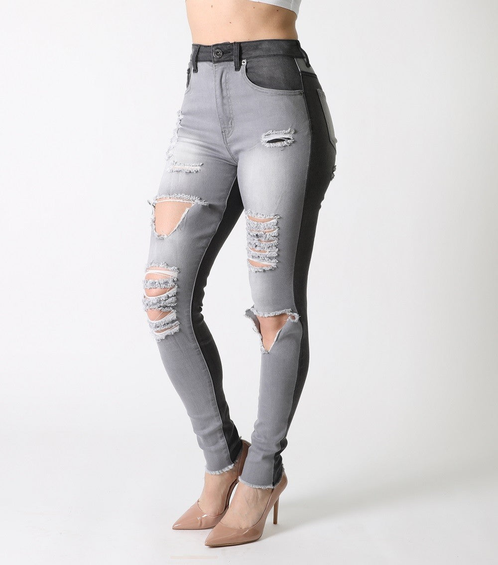 High Waist Color Block Jeans - Gray