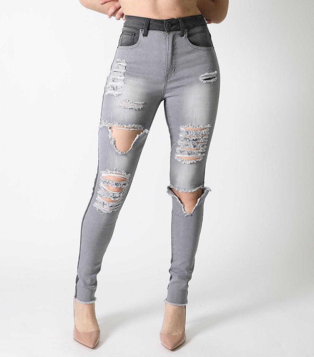 High Waist Color Block Jeans - Gray