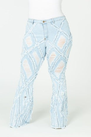 Diamond Destroyed Flare Jeans - Light Blue