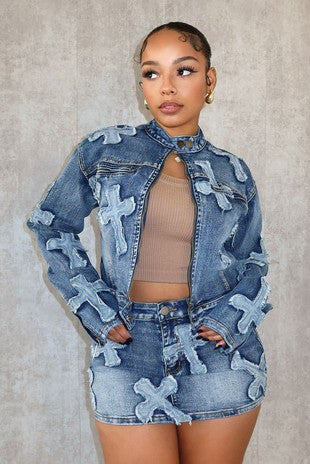 Embroidered Denim Skirt & Jacket Set