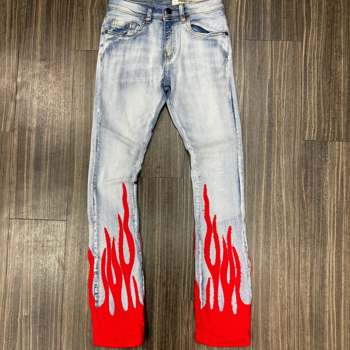 Men Red Flame Stacked Jeans