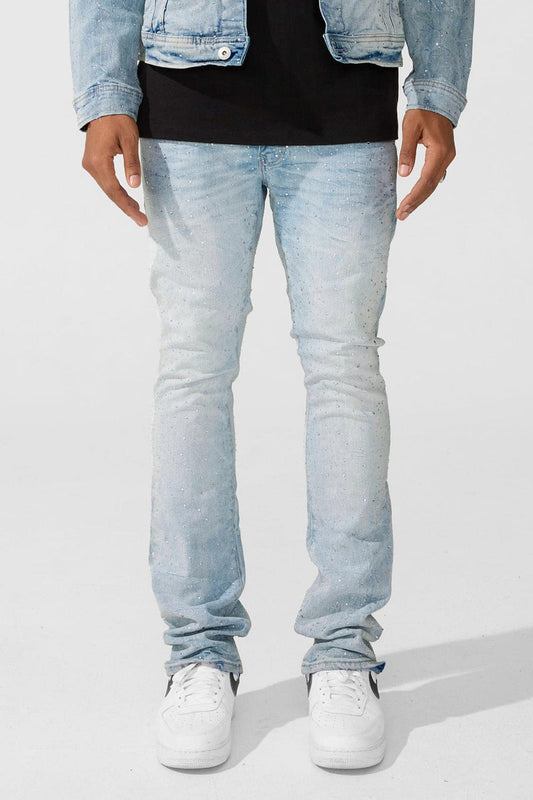Kids Ice Blue Rhinestone Stacked Jeans
