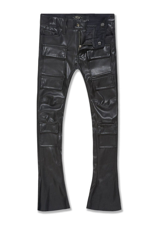 Kid's Black Vegan Leather Stacked Pants