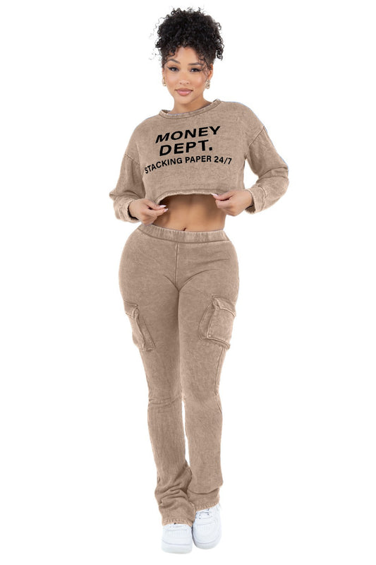 Money Dept Stacked Jogger Set - Tan