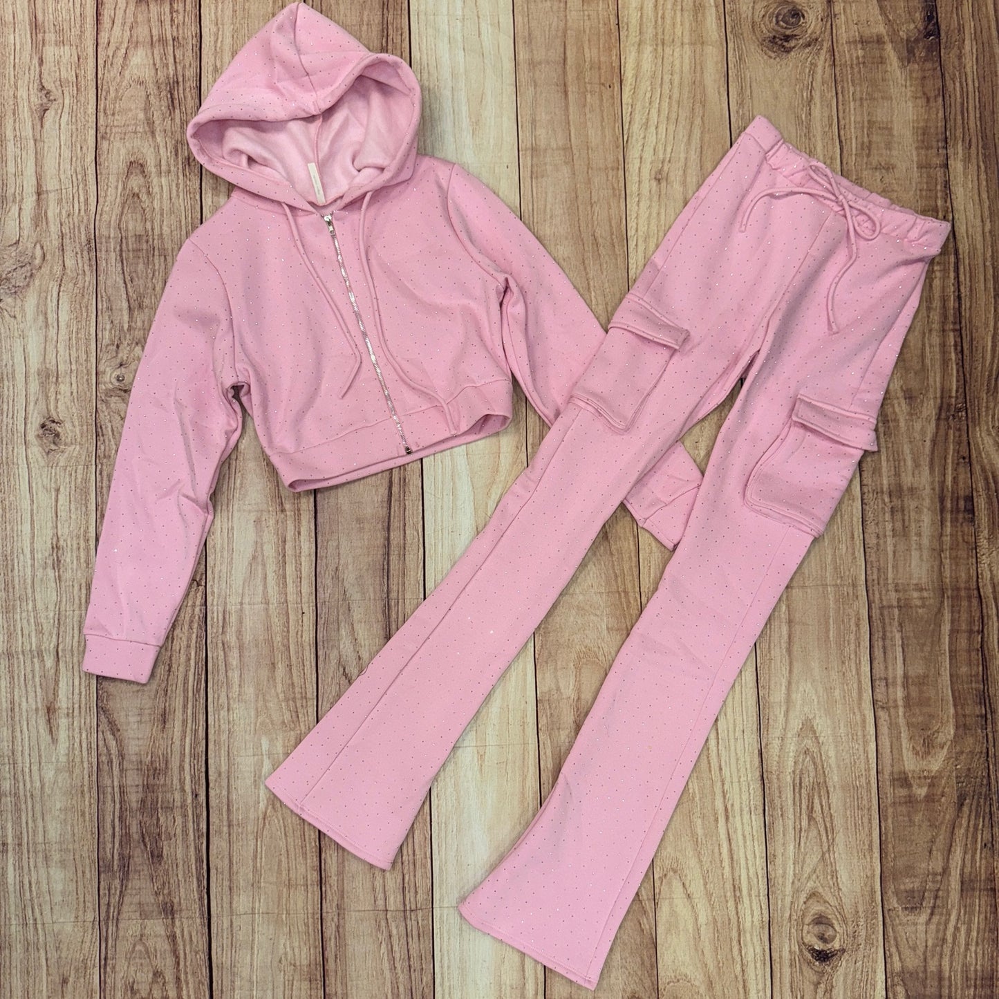 Rhinestone Hoody 2 pc. Stacked Jogger Set - Pink