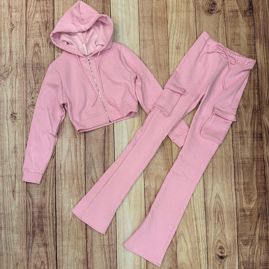 Rhinestone Hoody 2 pc. Stacked Jogger Set - Pink